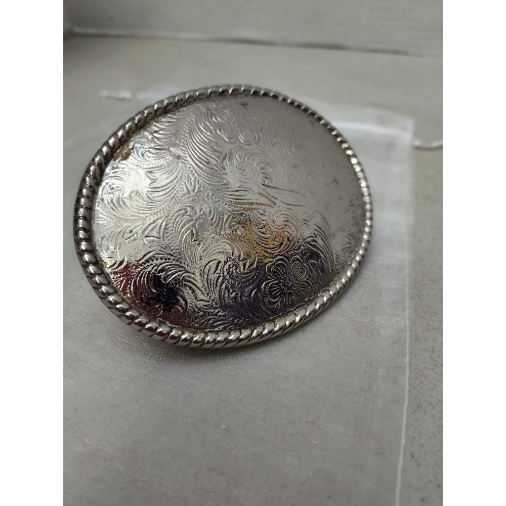Vintage Belt Buckle Silvertone Oval Tooled Flower Paisley W Made in USA 4x3in